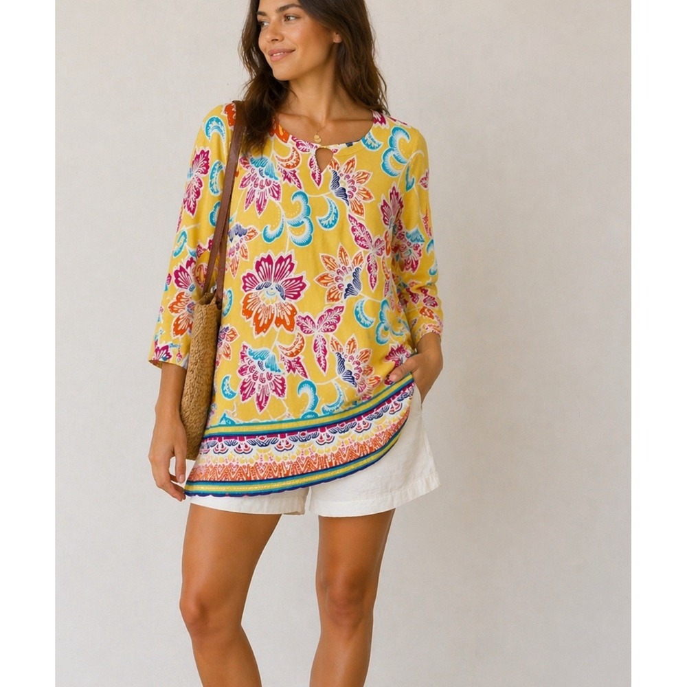 Joseph A Floral Paisley Vibrant Spring Knit Tunic M Artsy Quiet Luxury Beachy